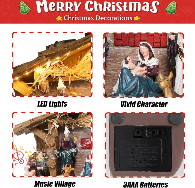 CHONSUN Nativity Scene Indoor 10.2 Inch Christmas Music Village Manger Nativity Sets Tabletop Jesus Christmas Figurines Decorations Christmas Ornaments - Image 3